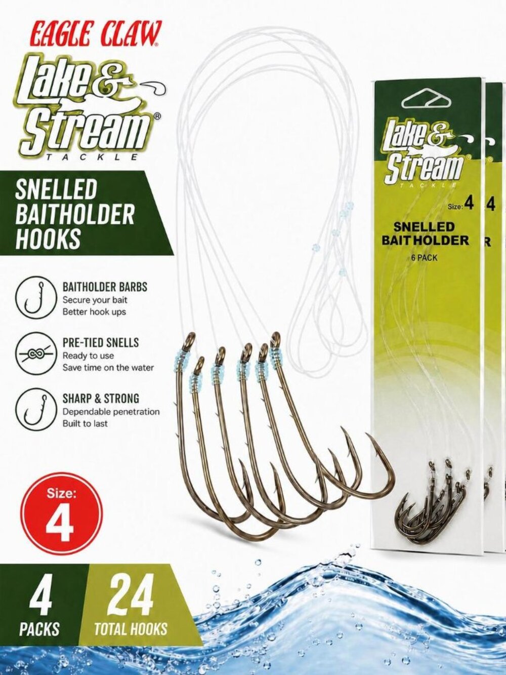 4 Packs Of 6 Eagle Claw Lake & Stream Snelled Baitholder Hooks Size 4 - 24 Total